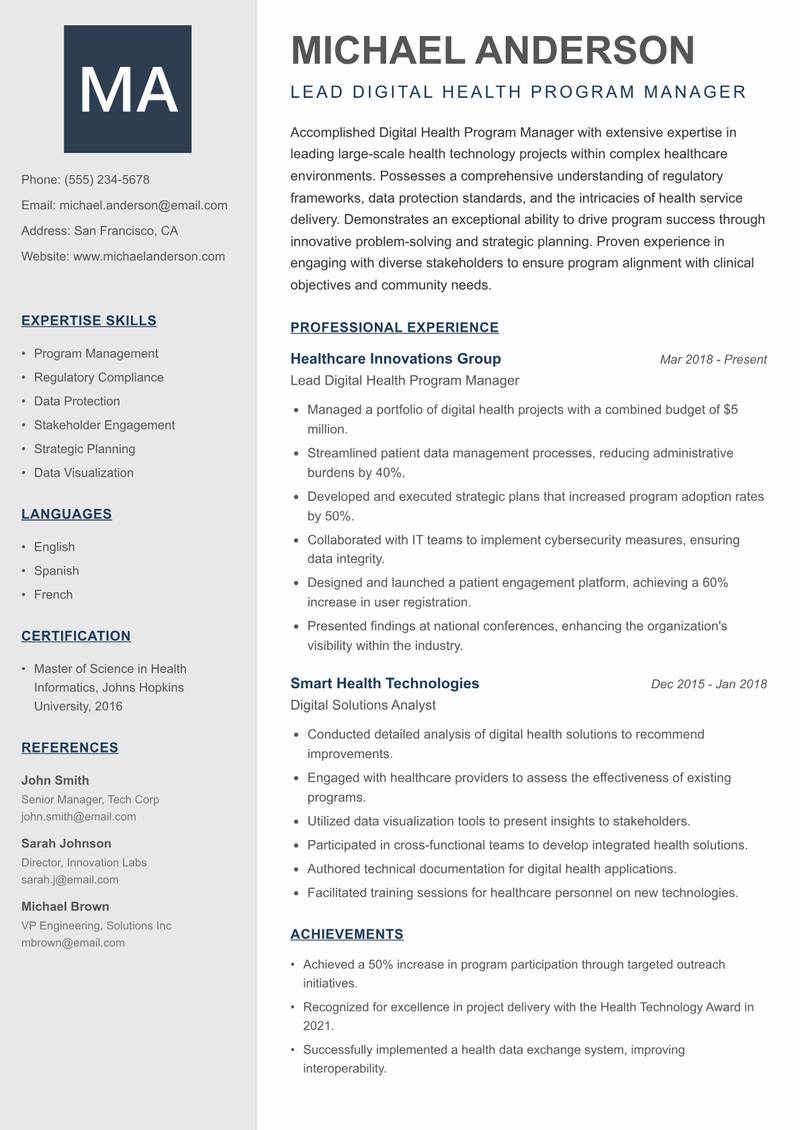 Digital Health Program Manager resume template — Creative Minimal