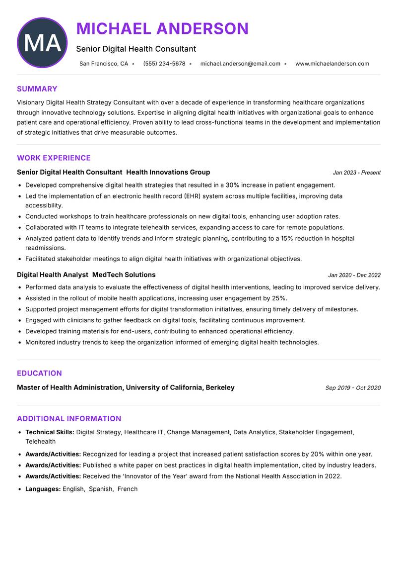 Digital Health Strategy Consultant resume example — ATS-friendly template