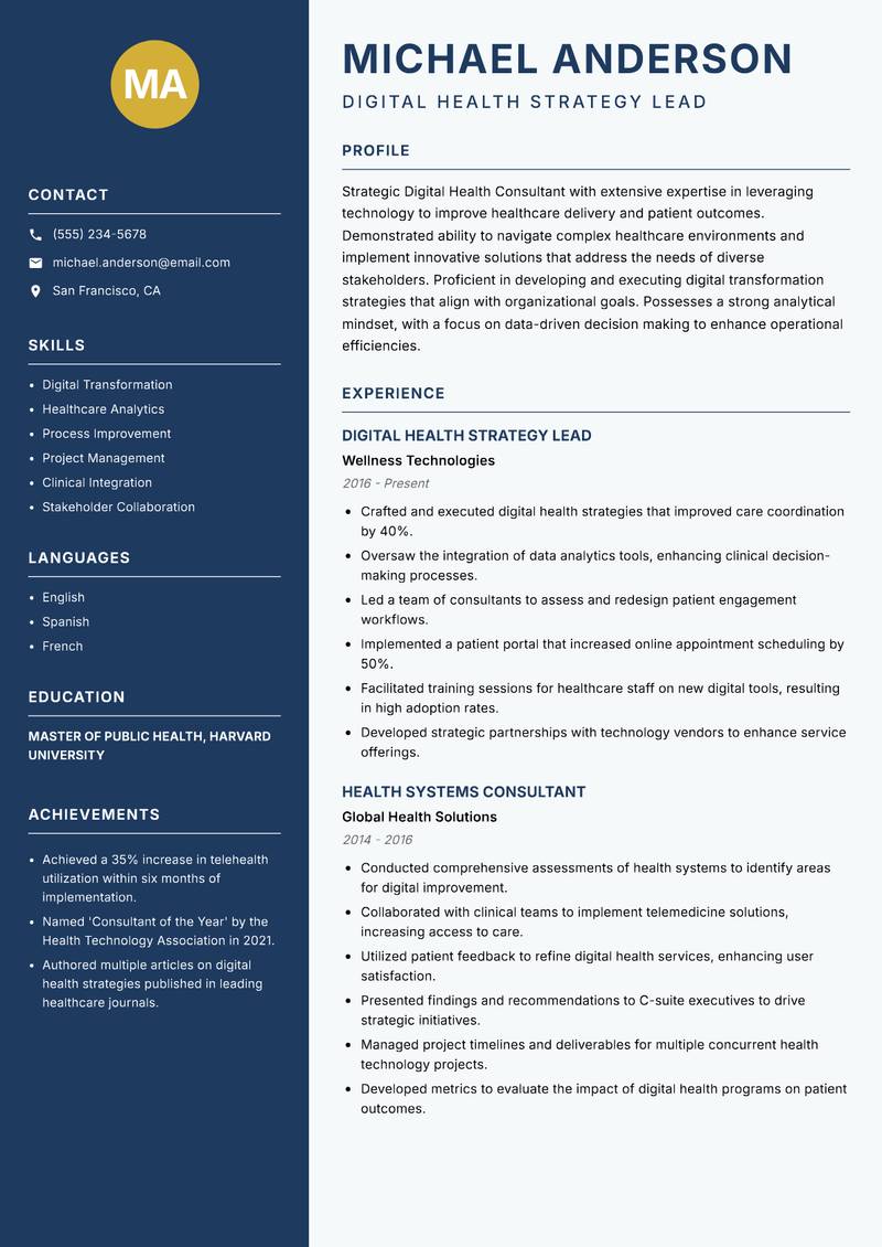 Digital Health Strategy Consultant resume template — Classic Clean