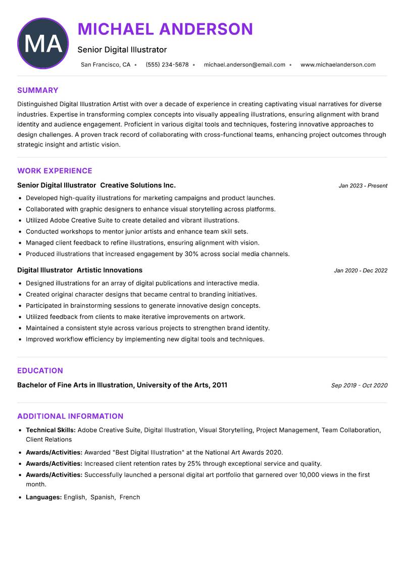 Digital Illustration Artist resume example — ATS-friendly template