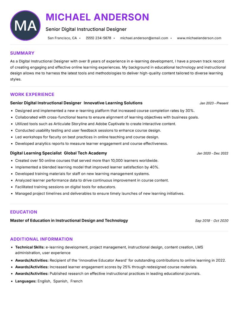 Digital Instructional Designer resume example — ATS-friendly template