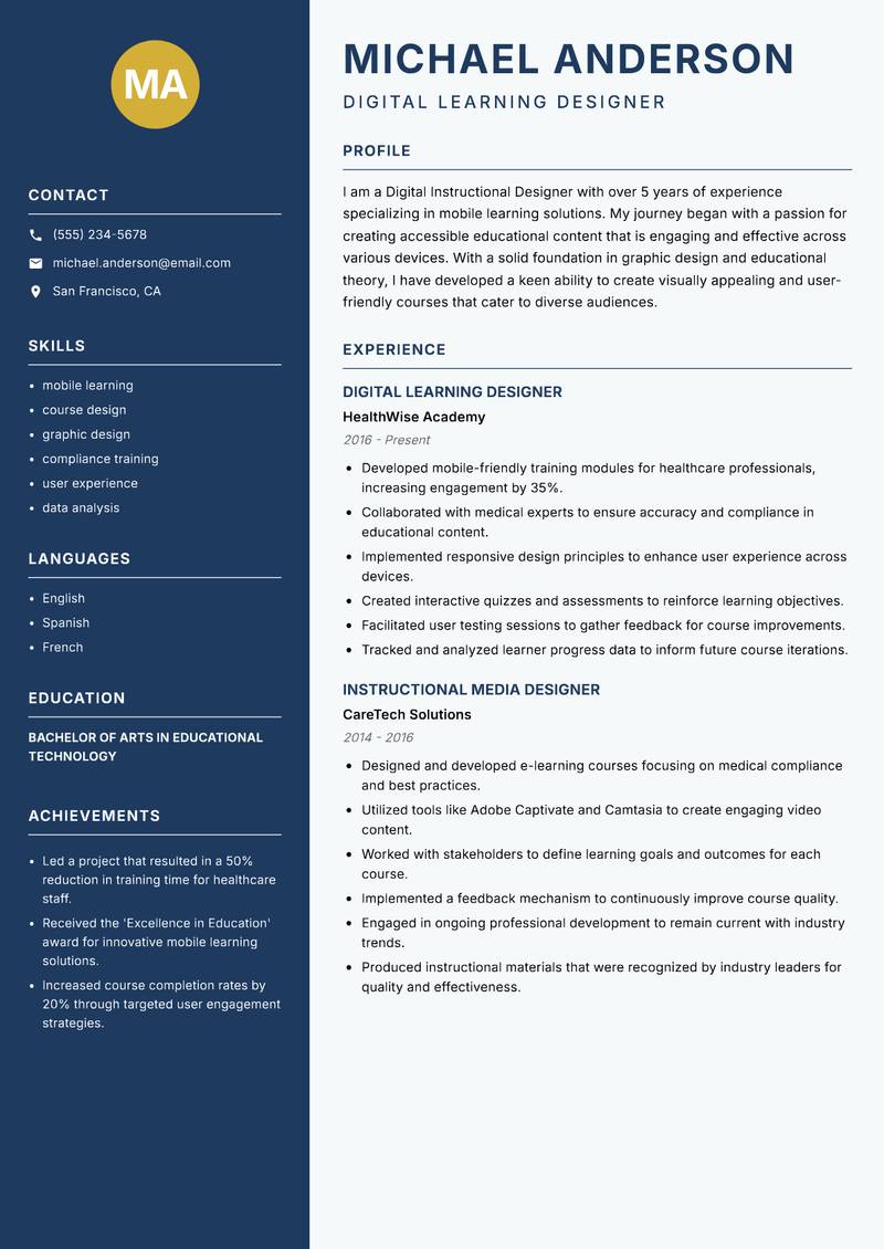 Digital Instructional Designer resume template — Classic Clean