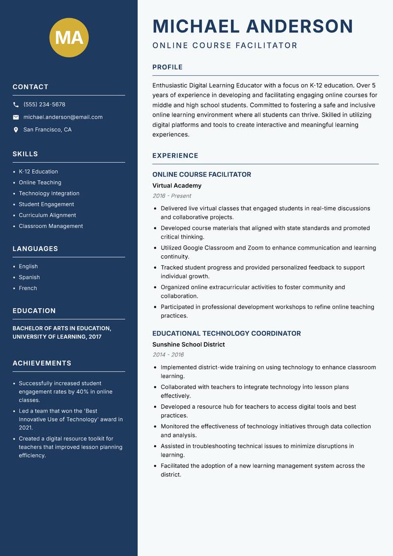 Digital Learning Educator resume template — Classic Clean