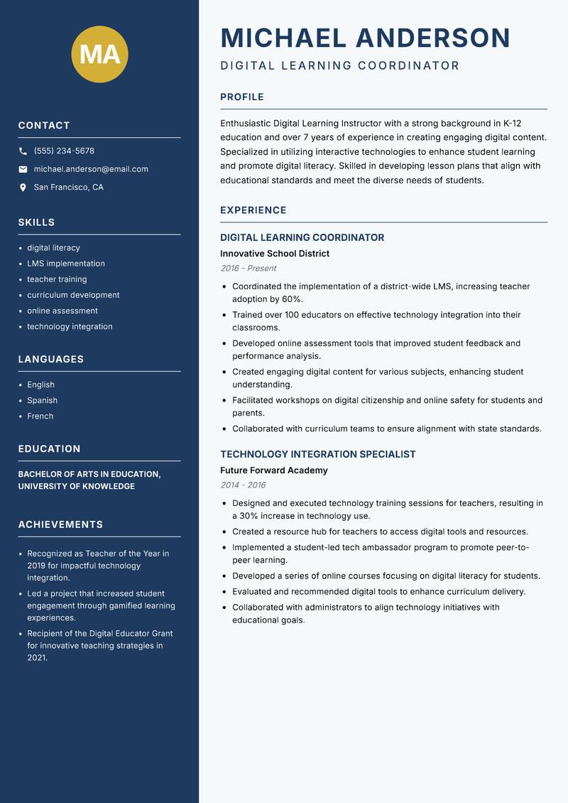 Digital Learning Instructor resume template — Classic Clean