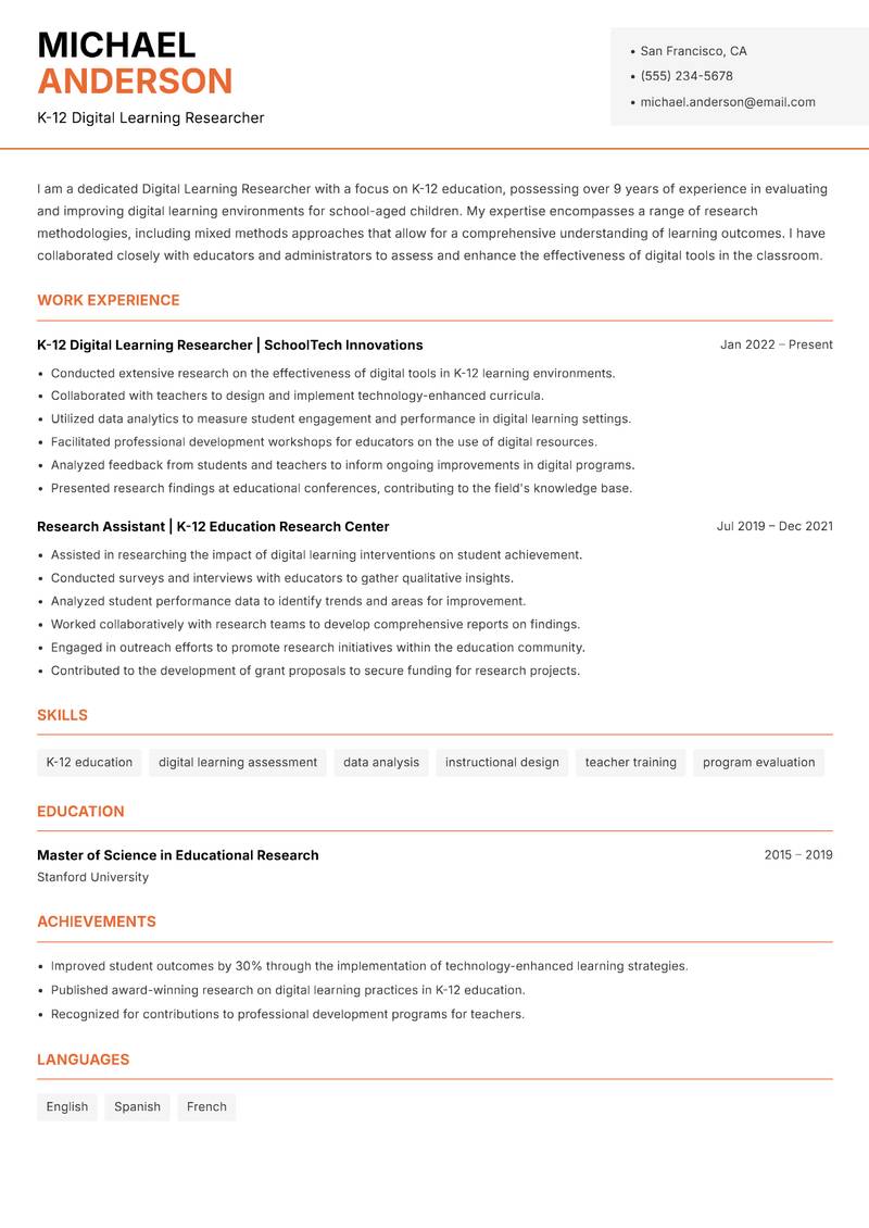 Digital Learning Researcher resume template — Modern Professional