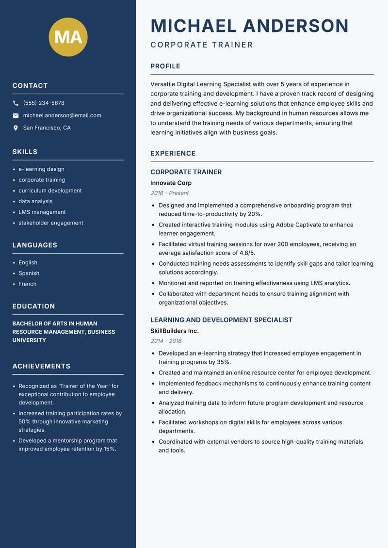 Digital Learning Specialist resume template — Classic Clean