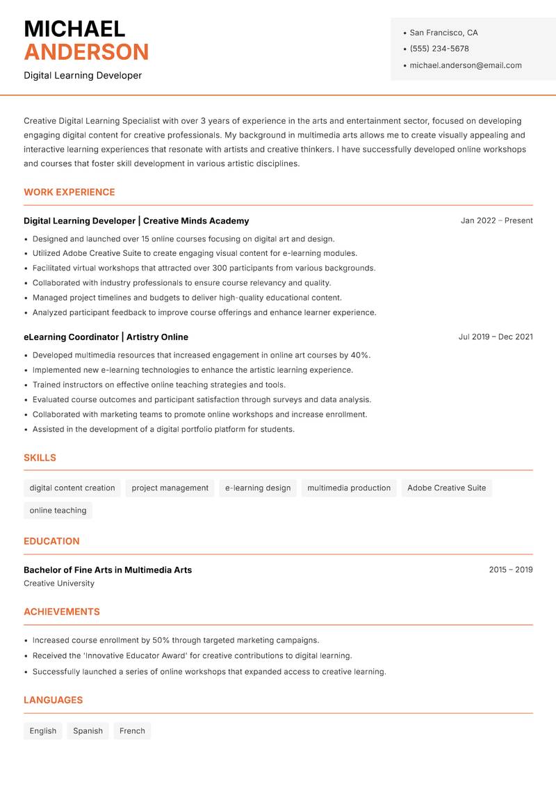 Digital Learning Specialist resume template — Modern Professional