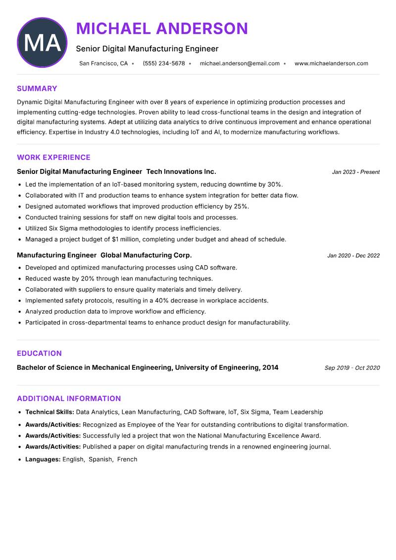 Digital Manufacturing Engineer resume example — ATS-friendly template