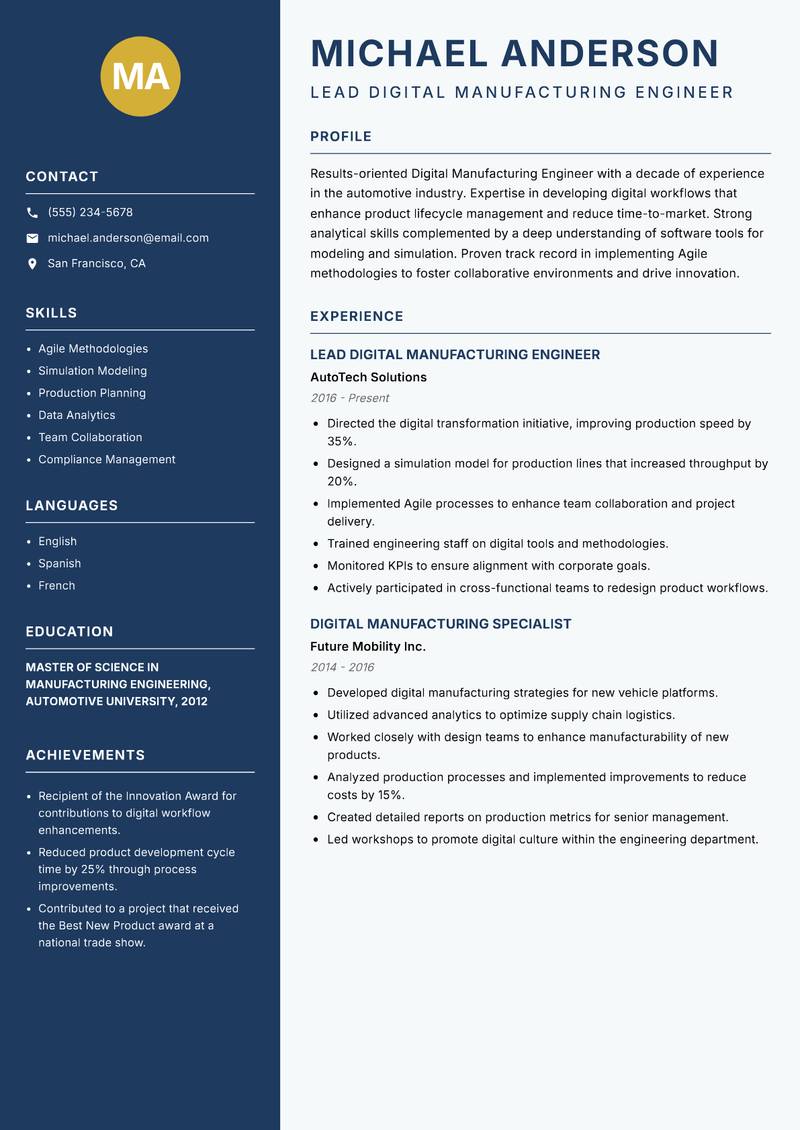 Digital Manufacturing Engineer resume template — Classic Clean