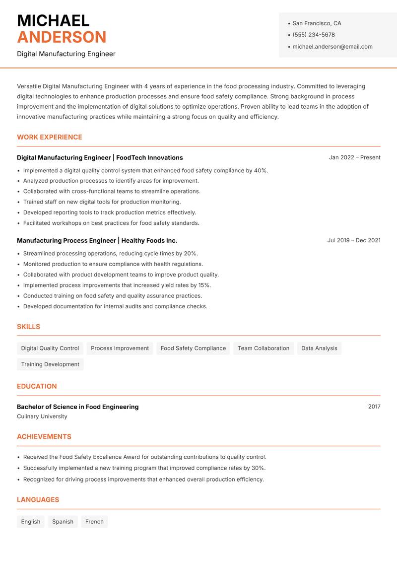 Digital Manufacturing Engineer resume template — Modern Professional