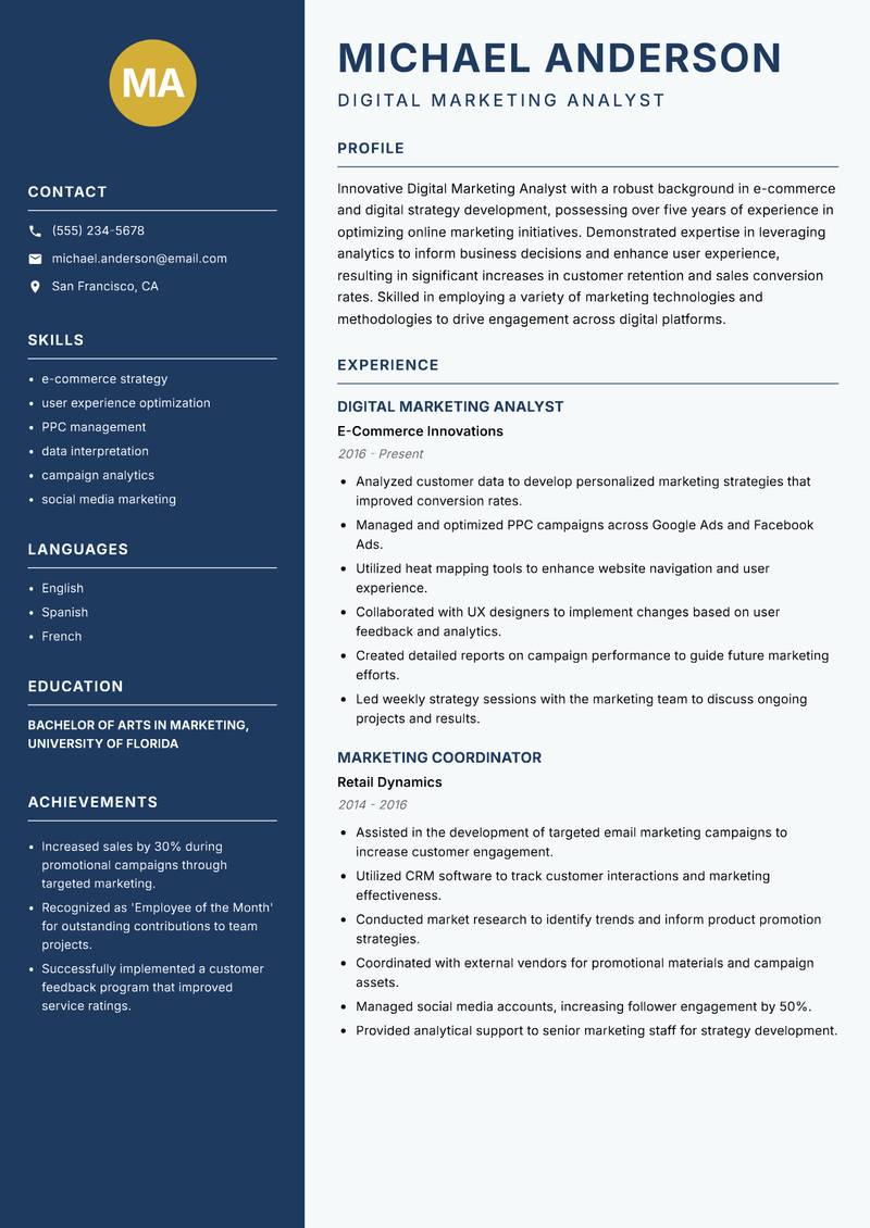 Digital Marketing Analyst resume template — Classic Clean