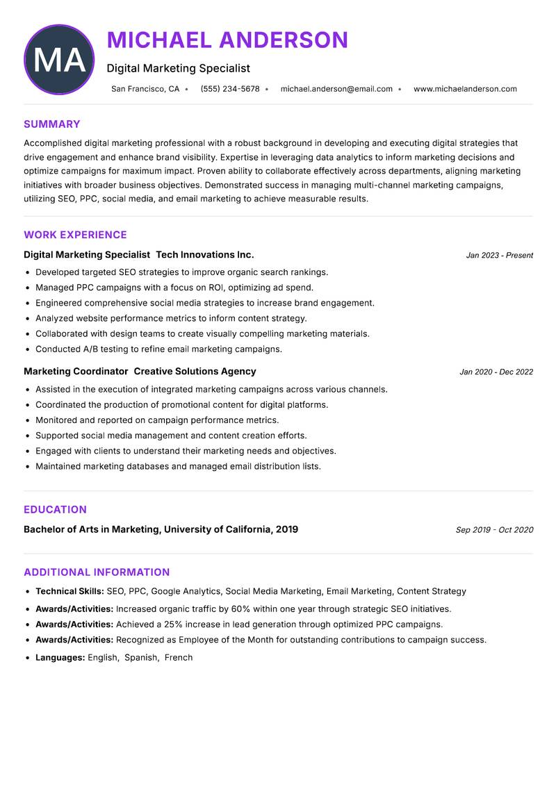 Digital Marketing Associate resume example — ATS-friendly template