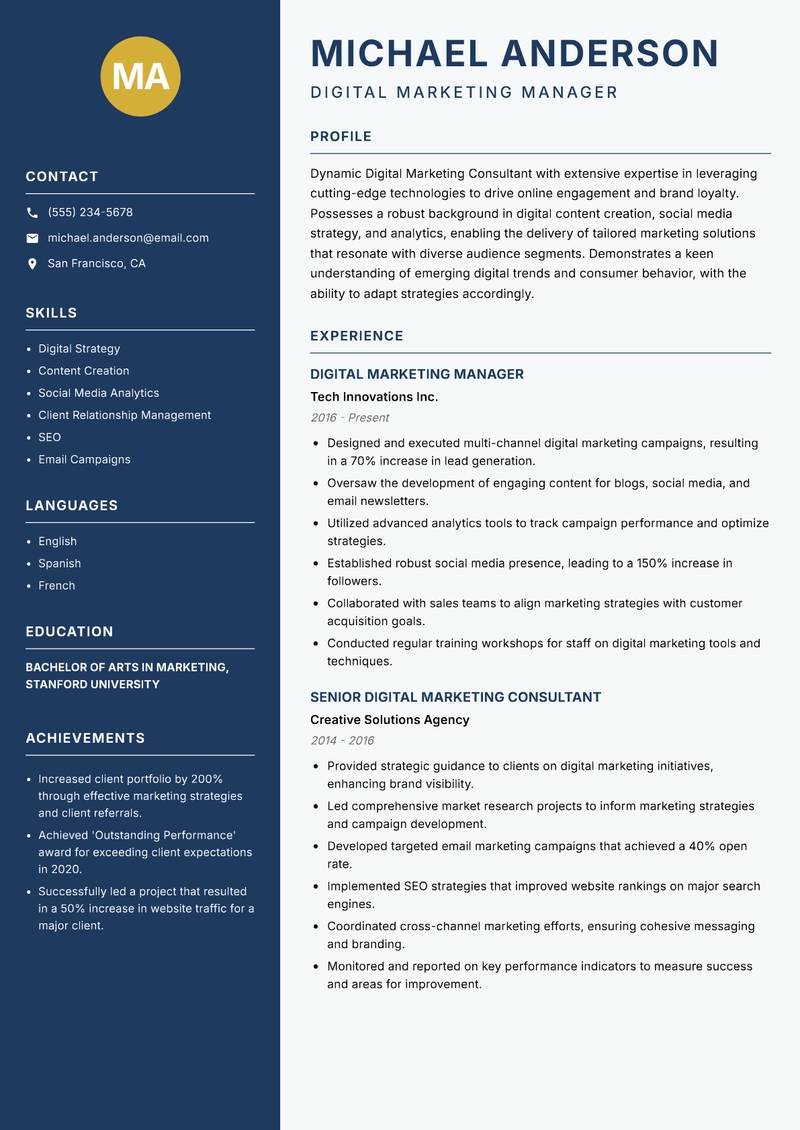 Digital Marketing Consultant resume template — Classic Clean