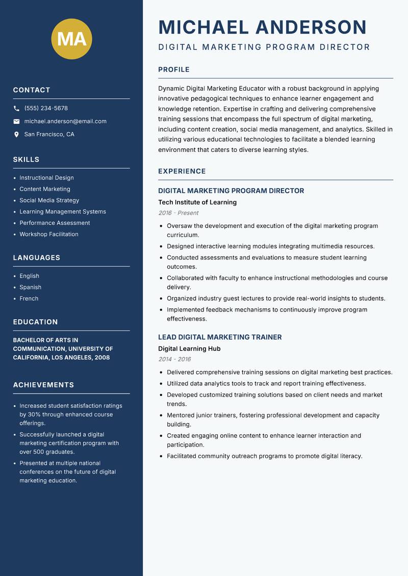 Digital Marketing Educator resume template — Classic Clean