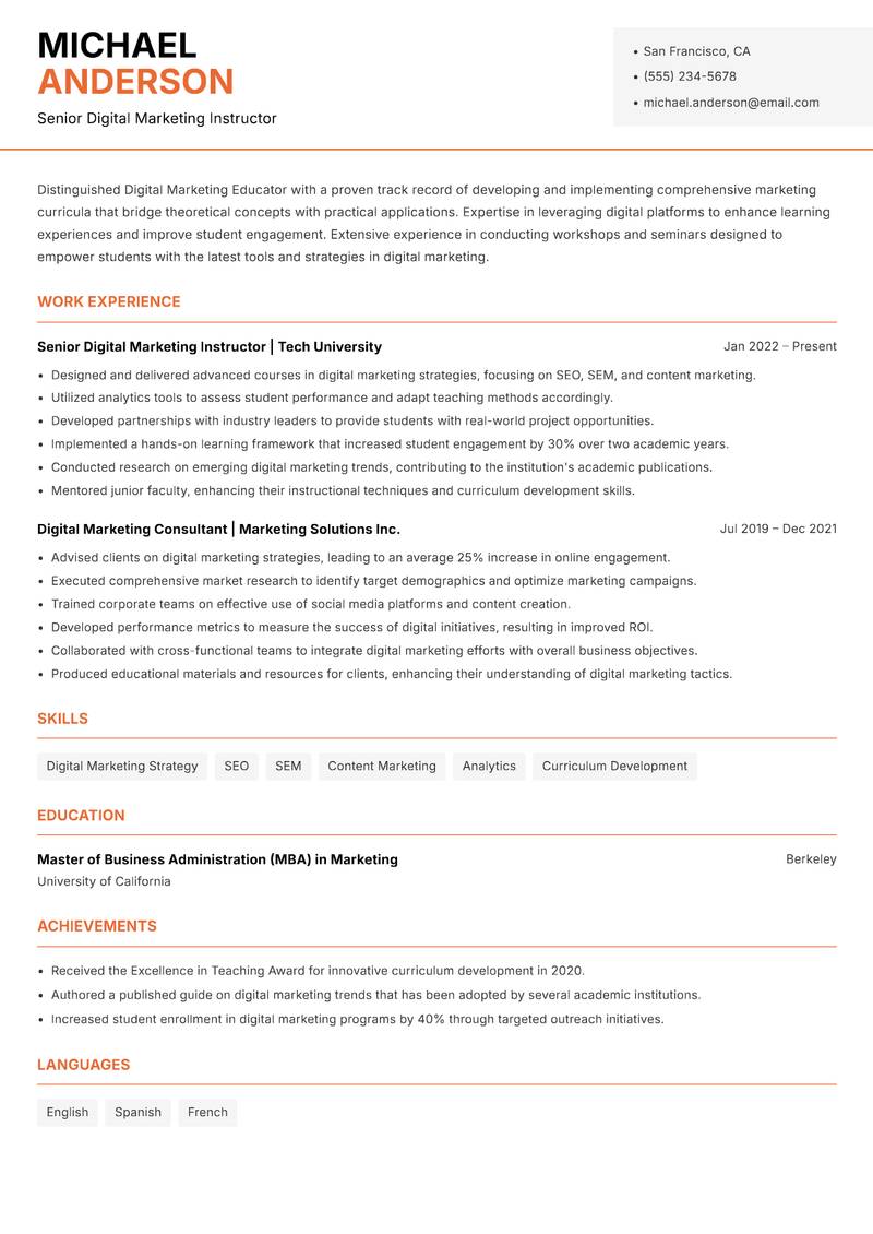 Digital Marketing Educator resume template — Modern Professional