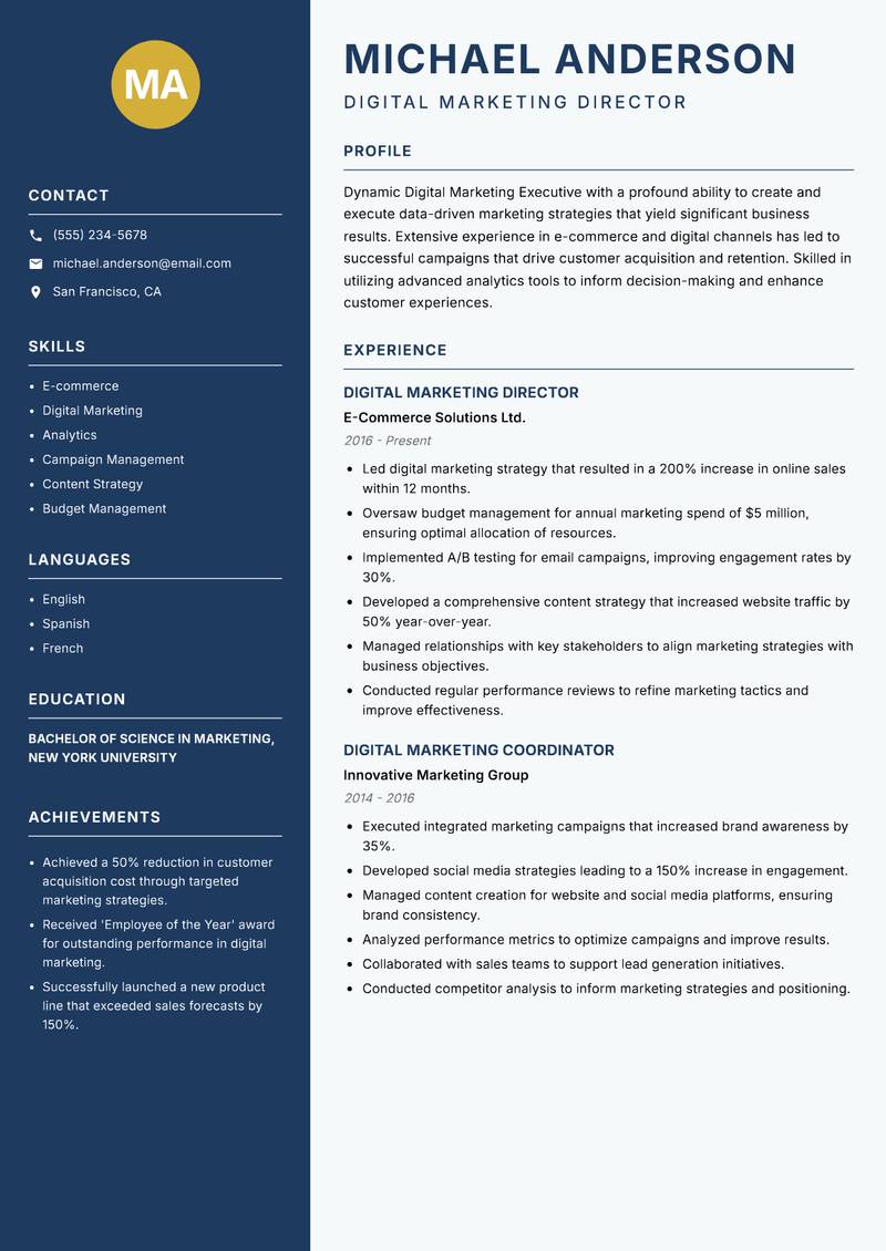 Digital Marketing Executive resume template — Classic Clean