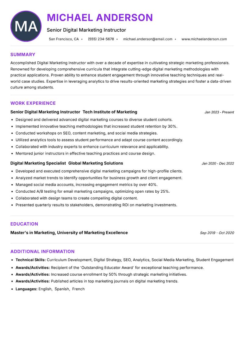 Digital Marketing Instructor resume example — ATS-friendly template