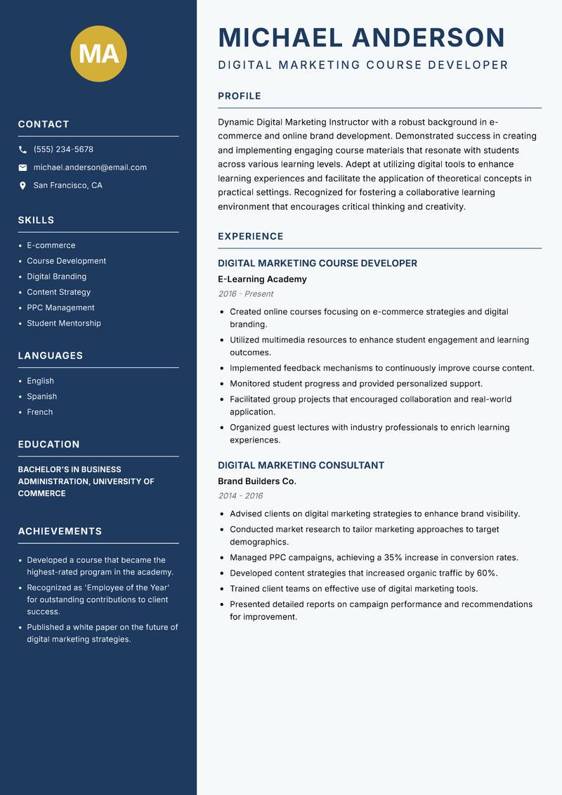 Digital Marketing Instructor resume template — Classic Clean