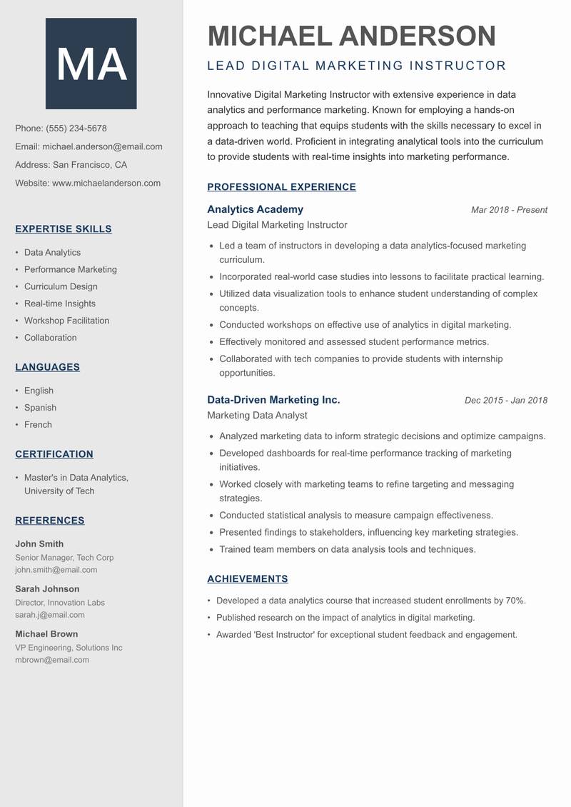 Digital Marketing Instructor resume template — Creative Minimal