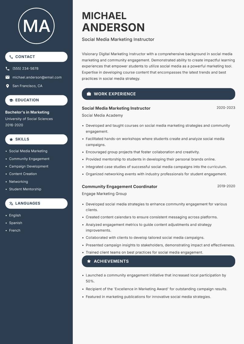 Digital Marketing Instructor resume template — Compact