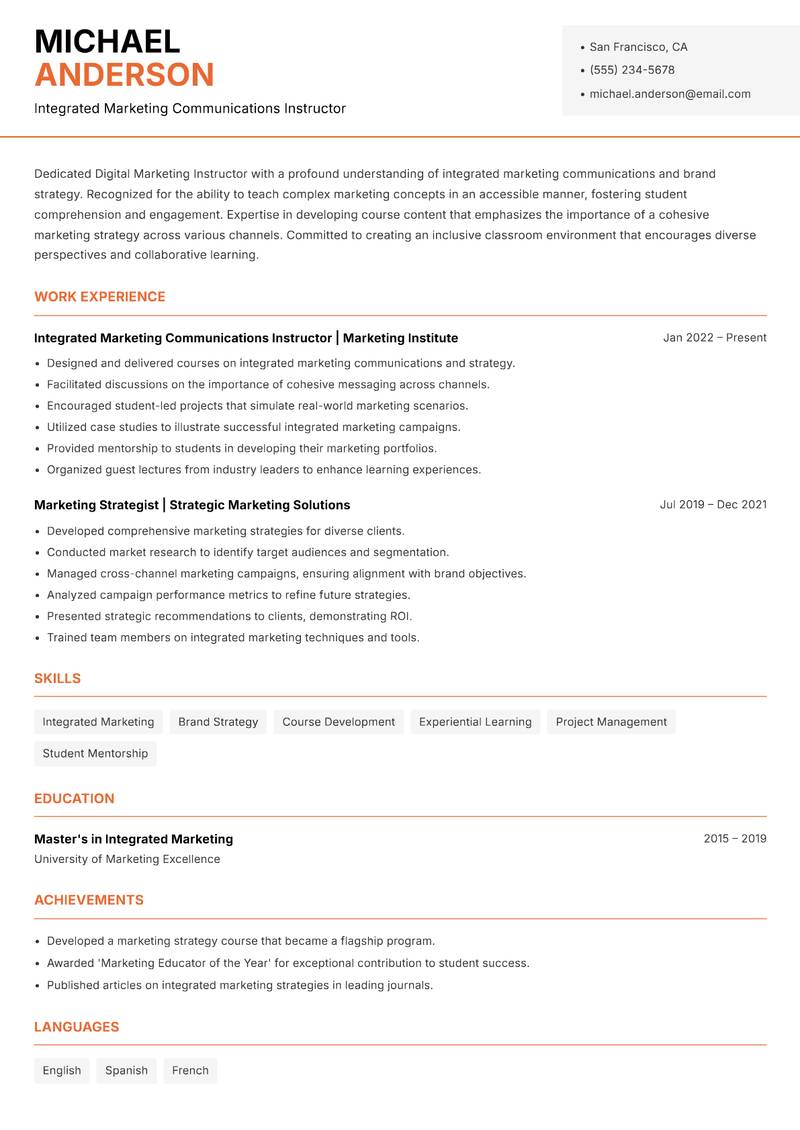 Digital Marketing Instructor resume template — Modern Professional