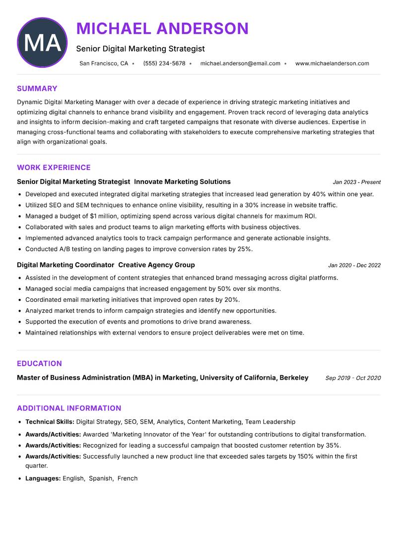 Digital Marketing Manager resume example — ATS-friendly template