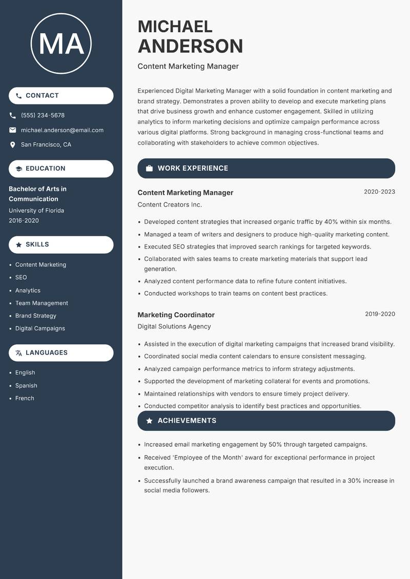 Digital Marketing Manager resume template — Compact