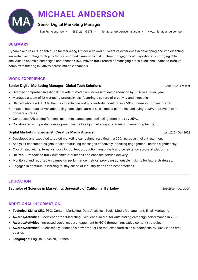 Digital Marketing Officer resume example — ATS-friendly template