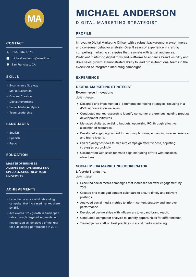 Digital Marketing Officer resume template — Classic Clean