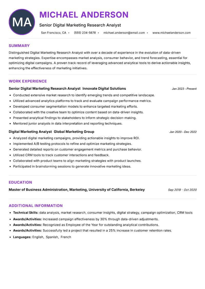 Digital Marketing Research Analyst resume example — ATS-friendly template