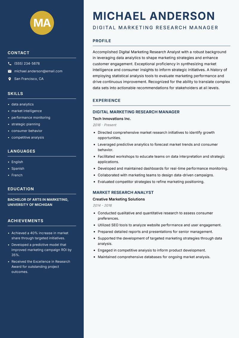 Digital Marketing Research Analyst resume template — Classic Clean