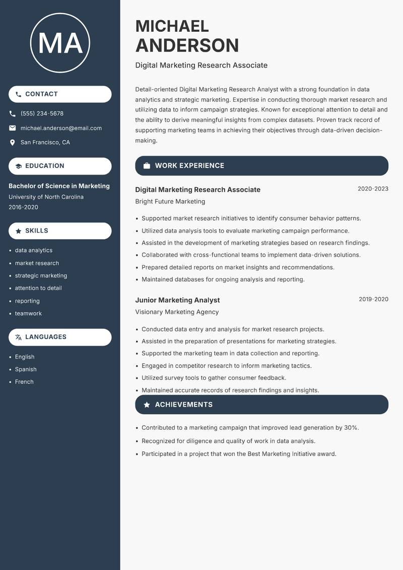 Digital Marketing Research Analyst resume template — Compact