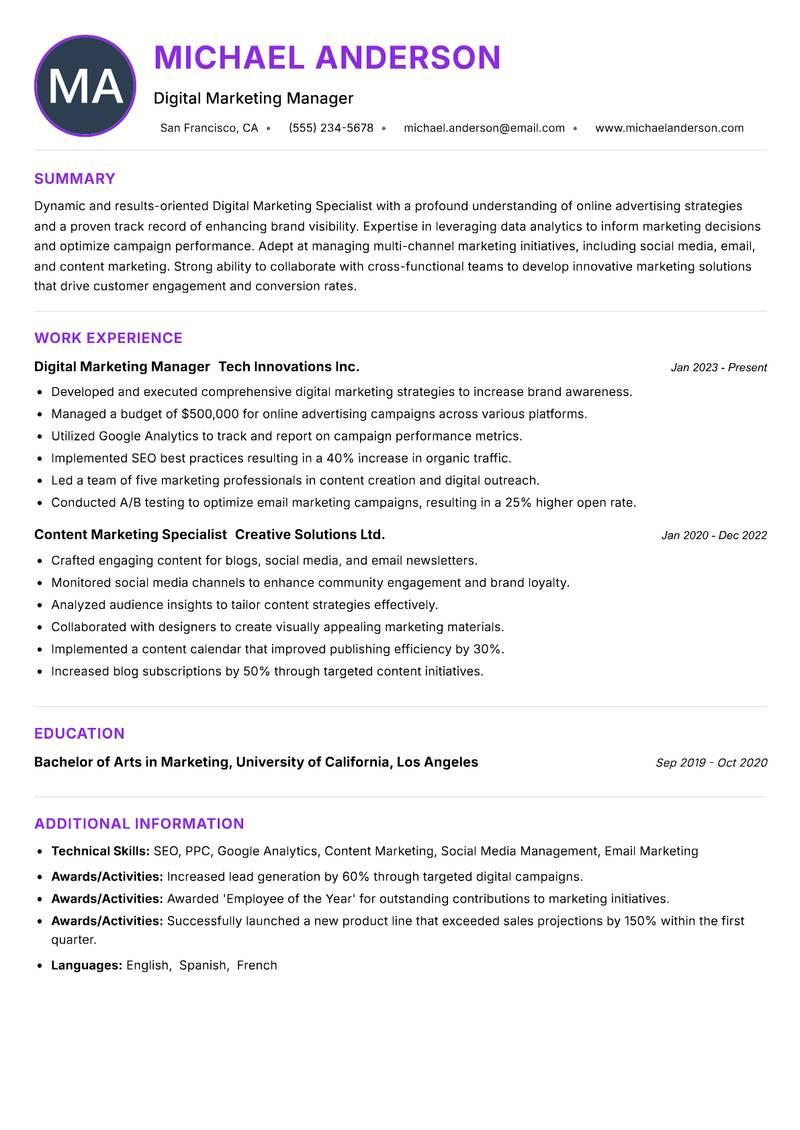 Digital Marketing Specialist resume example — ATS-friendly template