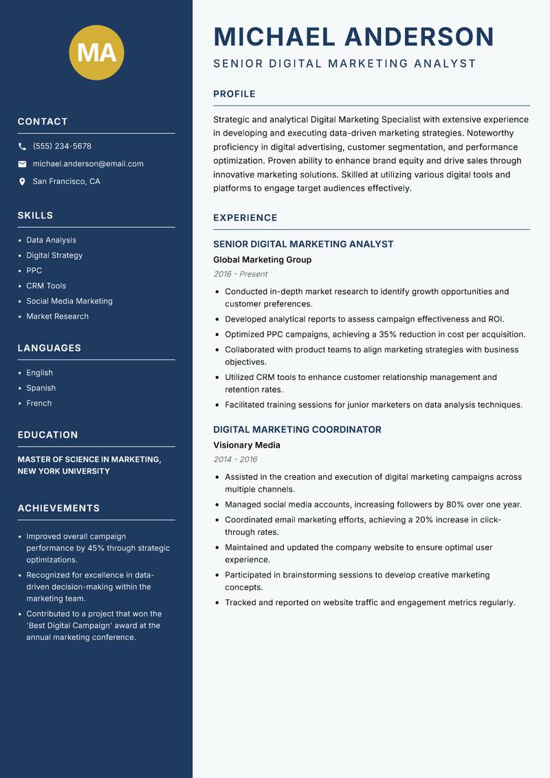 Digital Marketing Specialist resume template — Classic Clean