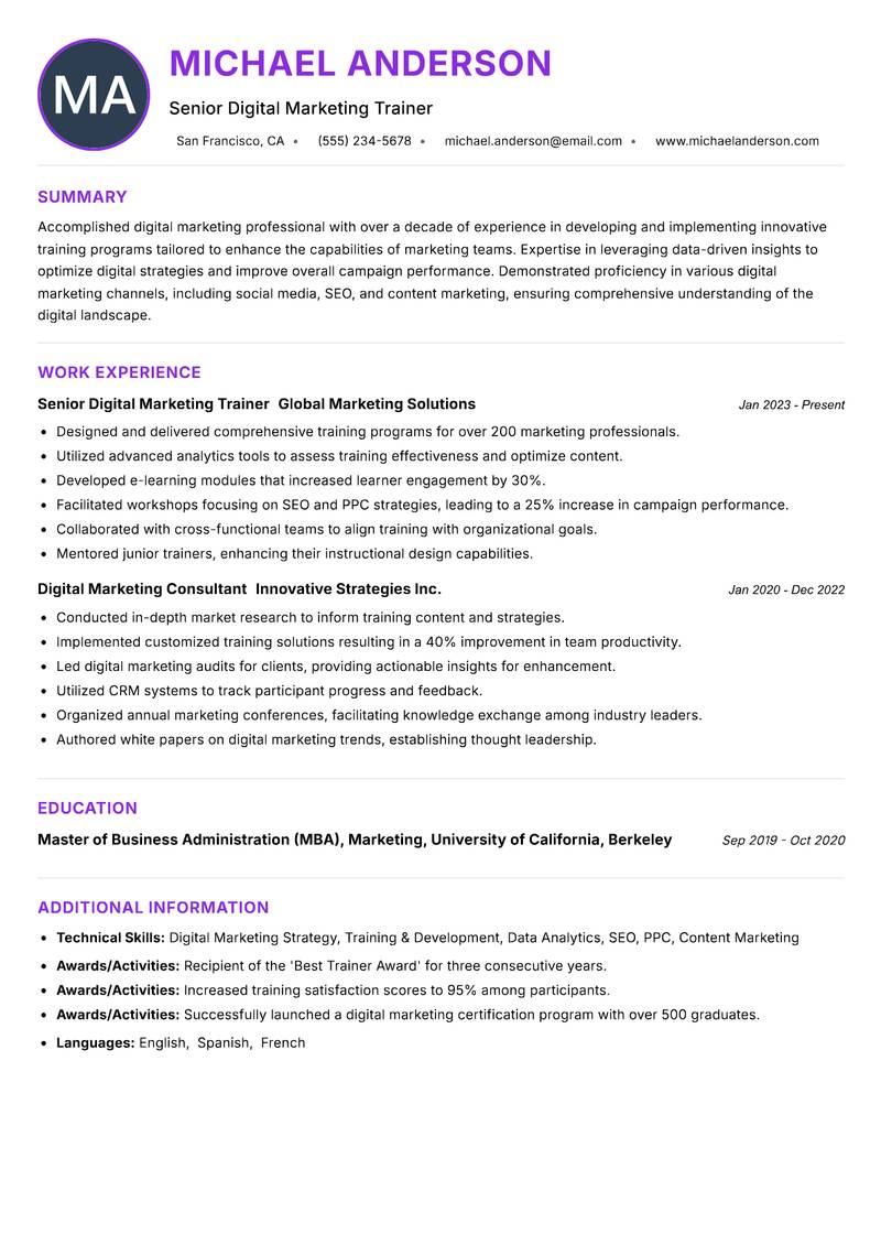 Digital Marketing Trainer resume example — ATS-friendly template
