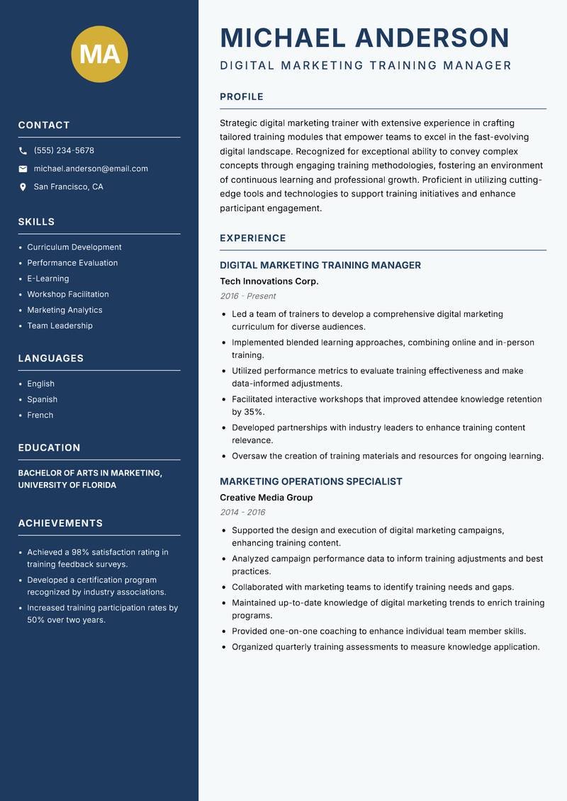 Digital Marketing Trainer resume template — Classic Clean