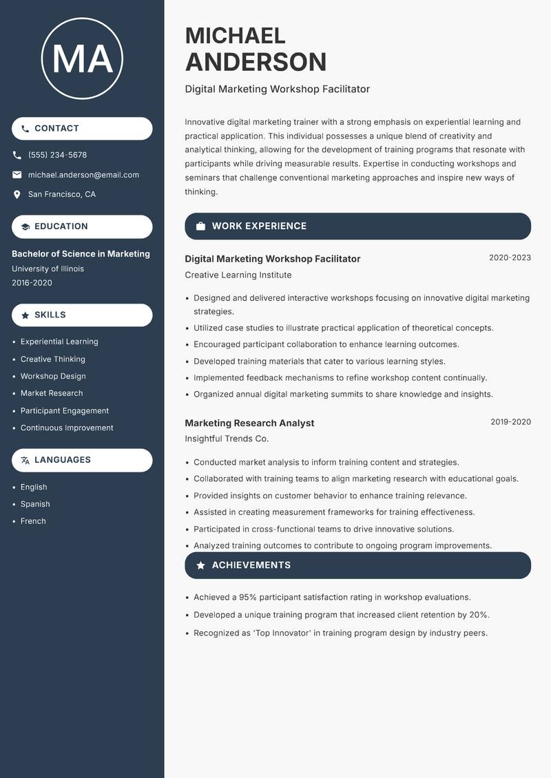 Digital Marketing Trainer resume template — Compact