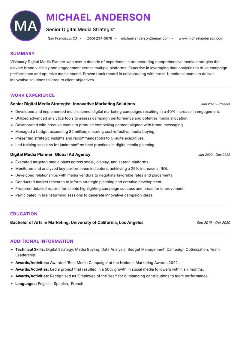 Digital Media Planner resume example — ATS-friendly template