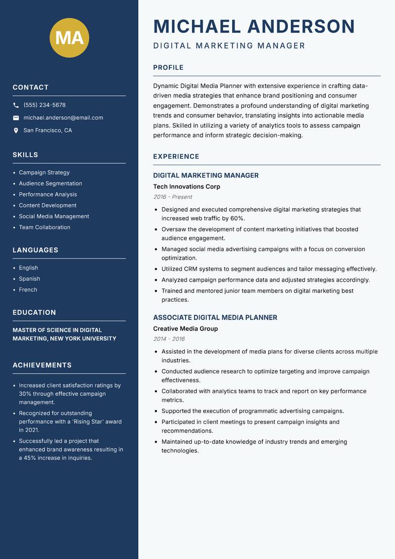 Digital Media Planner resume template — Classic Clean