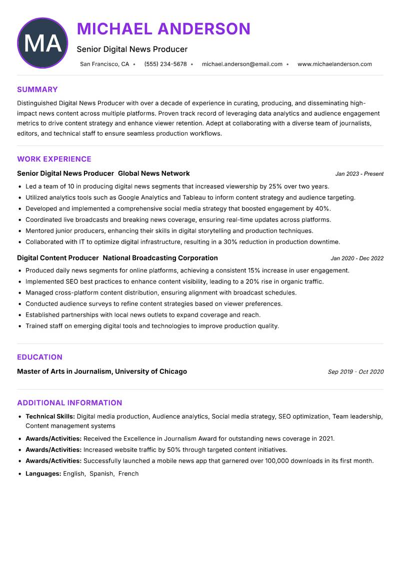 Digital News Producer resume example — ATS-friendly template