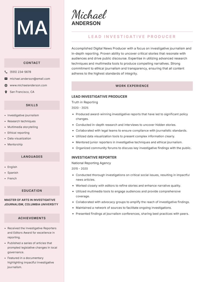 Digital News Producer resume template — Executive