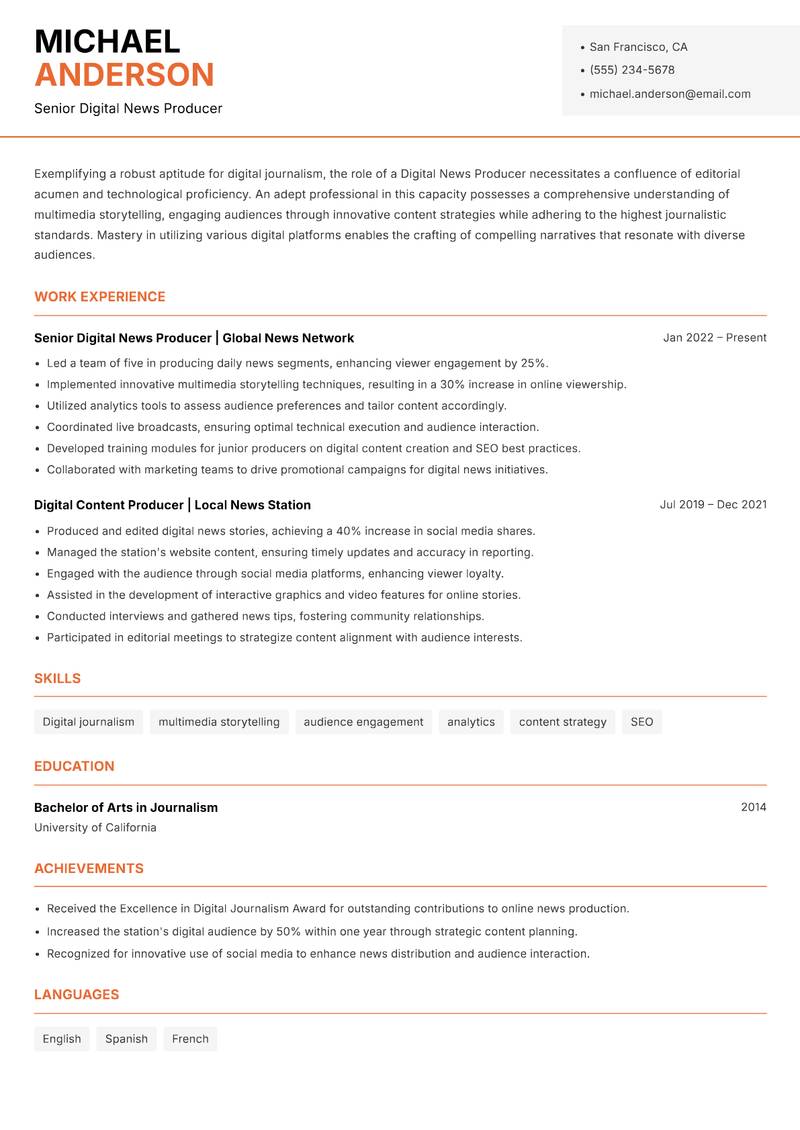 Digital News Producer resume template — Modern Professional