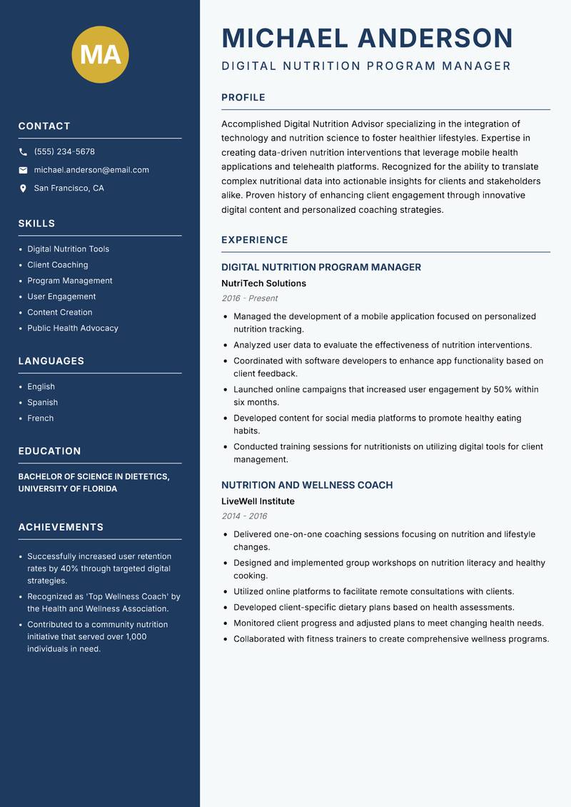 Digital Nutrition Advisor resume template — Classic Clean
