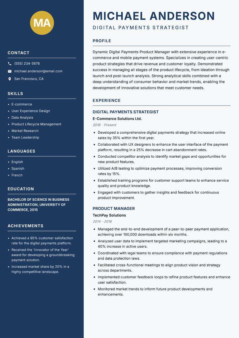 Digital Payments Product Manager resume template — Classic Clean