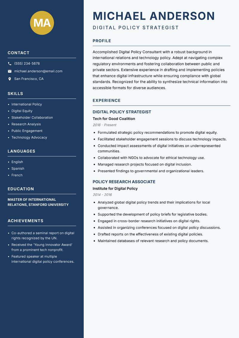 Digital Policy Consultant resume template — Classic Clean