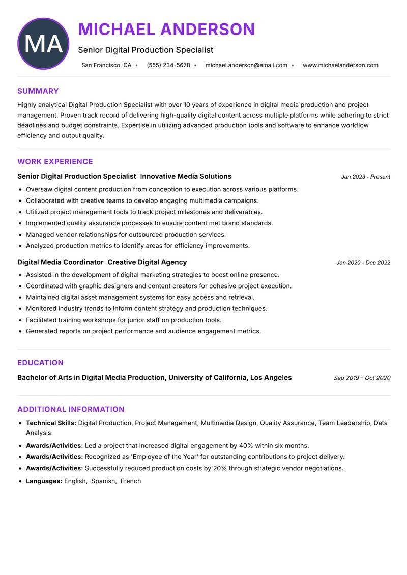 Digital Production Specialist resume example — ATS-friendly template