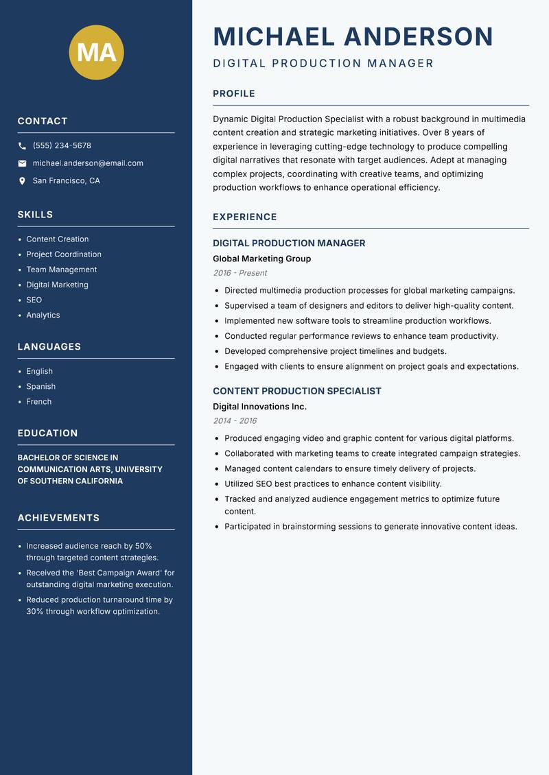 Digital Production Specialist resume template — Classic Clean