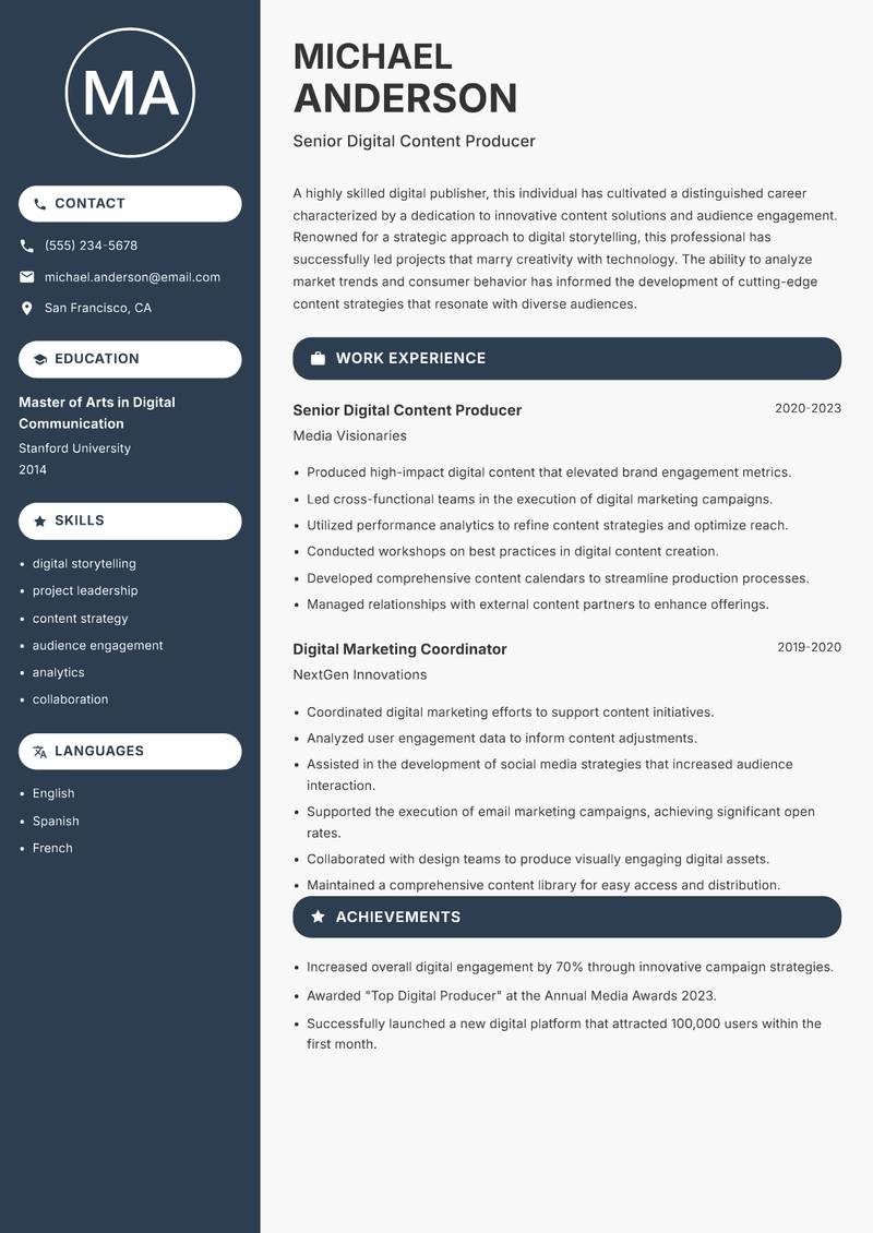 Digital Publisher resume template — Compact