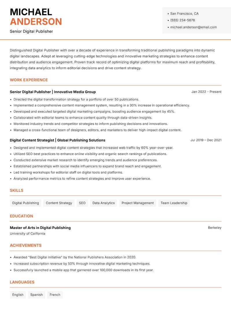 Digital Publisher resume template — Modern Professional