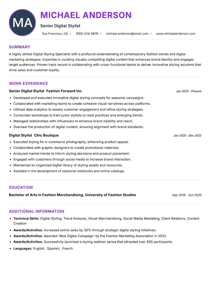 Digital Styling Specialist resume example — ATS-friendly template